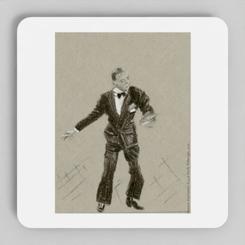 A square white coaster with rounded corners featuring a sepia-toned sketch of a man in a tuxedo, shown on a light gray background.