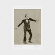 A monochrome art print featuring a sketch of a man in a tuxedo with arms outstretched, printed on a white sheet with small caption text at the bottom.