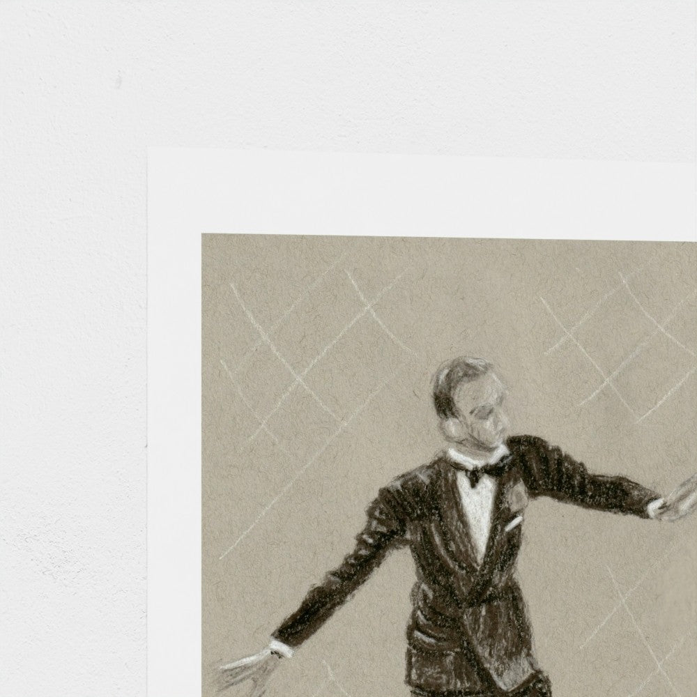 A square art print featuring a sepia-toned sketch of a man in a tuxedo with arms outstretched, shown against a white border on a light textured background.