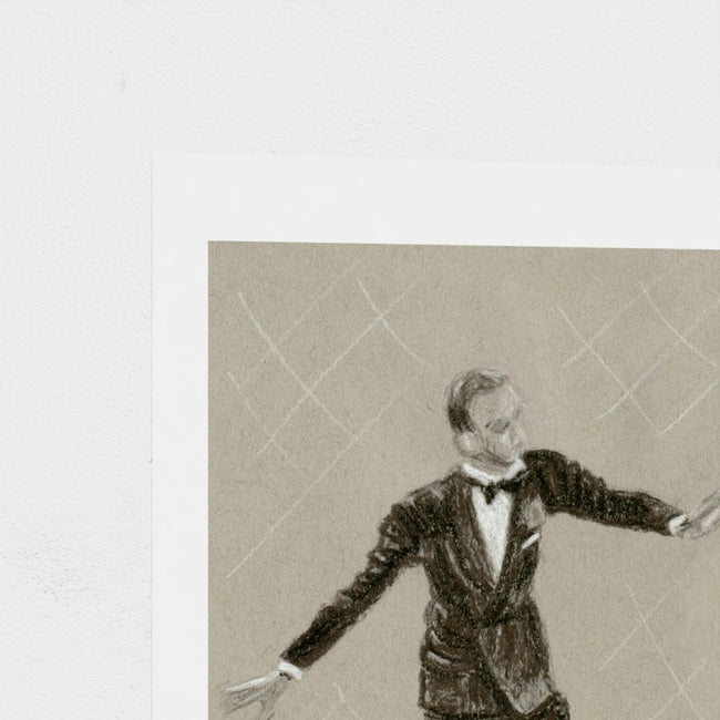 A square art print featuring a sepia-toned sketch of a man in a tuxedo with arms outstretched, shown against a white border on a light textured background.