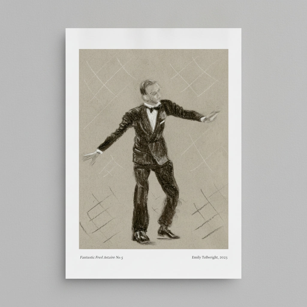 A framed art print featuring a sepia-toned sketch of a man in a tuxedo with arms outstretched, shown against a light gray background.