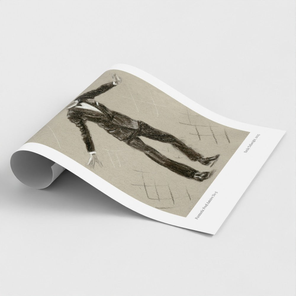A rolled-out art print or poster on a light grey background, showing a sketch of a man in a suit on a beige field with white borders.