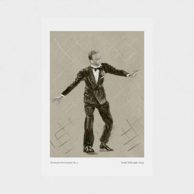 A monochrome art print featuring a sketch of a man in a tuxedo with arms outstretched, printed on a white sheet with small caption text at the bottom.