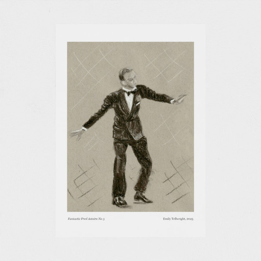 A monochrome art print featuring a sketch of a man in a tuxedo with arms outstretched, printed on a white sheet with small caption text at the bottom.