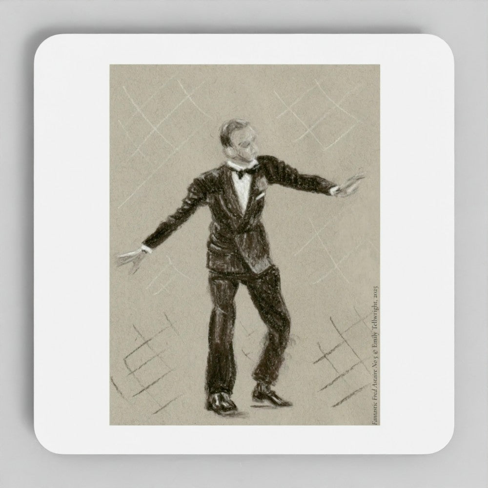 A square white coaster with rounded corners featuring a black-and-white sketch of a man in a tuxedo on a beige background, shown against a light gray backdrop.