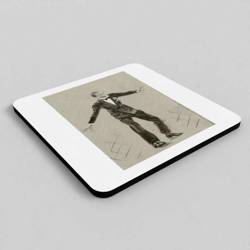 A square coaster with rounded corners, featuring a vintage-style sepia-toned illustration of a man in a suit on a light beige background, surrounded by a white border and a black edge, shown on a neutral gray background.