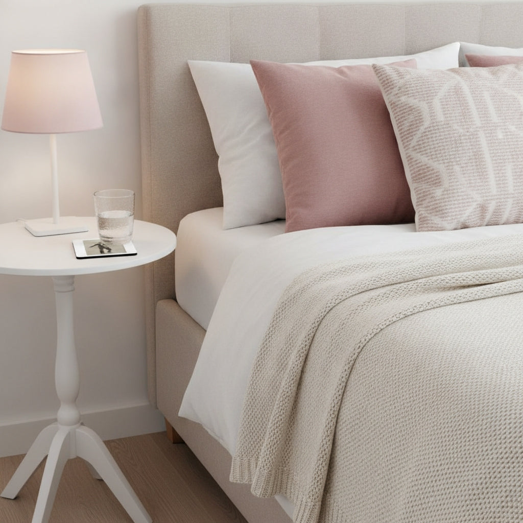A styled bedroom scene showing a bed with white bedding, a dusty pink pillow, a textured cream throw blanket, and a beige upholstered headboard. A white side table with a pink lamp and a glass of water sits beside the bed.