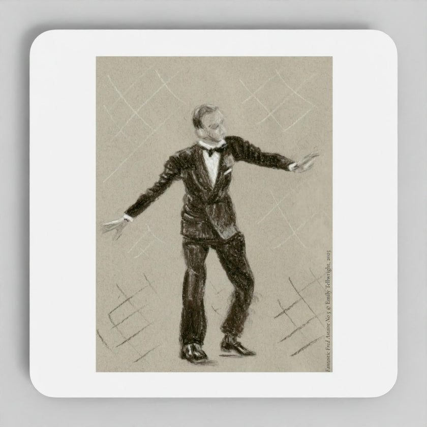 A square white coaster with rounded corners featuring a black-and-white sketch of a man in a tuxedo on a beige background, shown against a light gray backdrop.