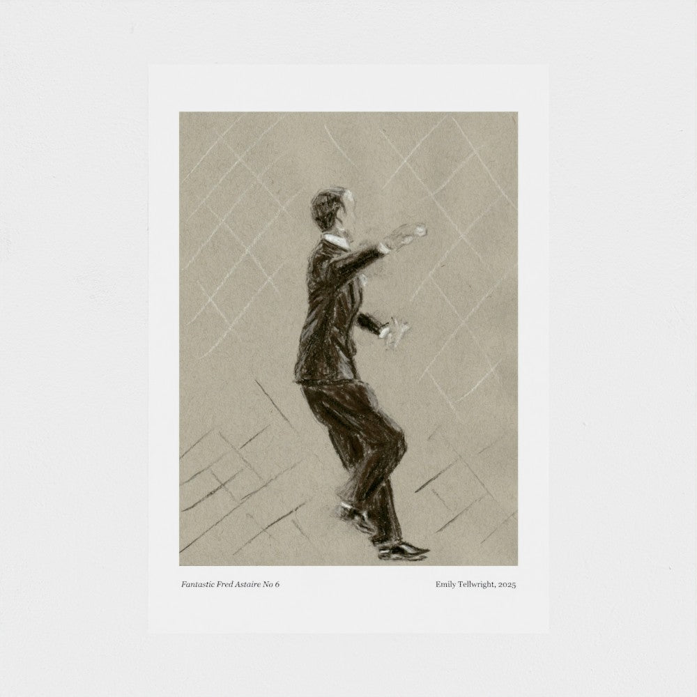 A charcoal drawing of Fred Astaire dancing