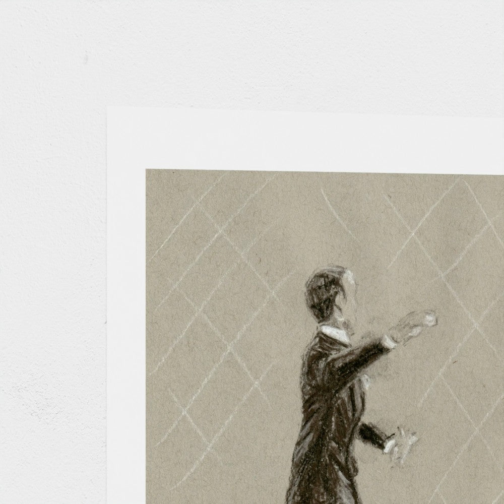 A charcoal drawing of Fred Astaire close up
