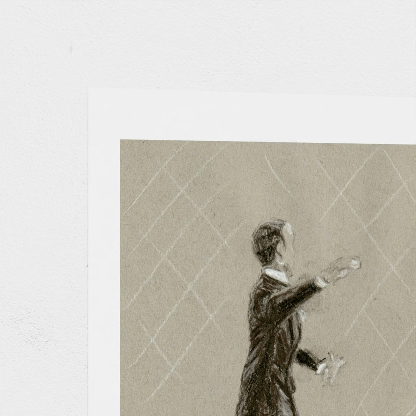 A charcoal drawing of Fred Astaire close up