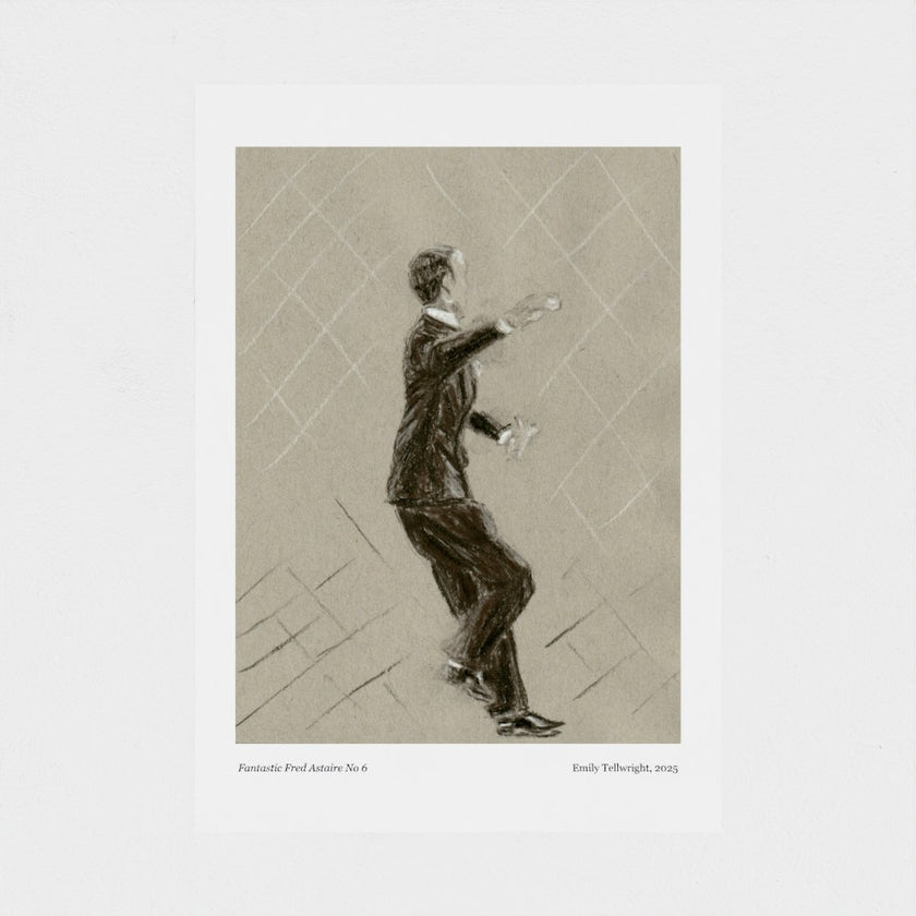 A charcoal drawing of Fred Astaire dancing