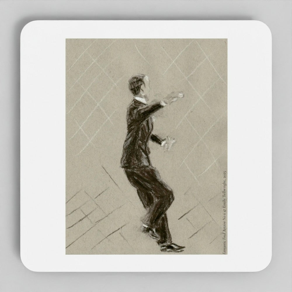 A square white coaster with rounded corners, featuring a sepia-toned sketch of a man in a suit on the top surface, photographed against a light gray background.