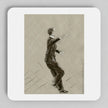 A square white coaster with rounded corners, featuring a sepia-toned sketch of a man in a suit on the top surface, photographed against a light gray background.