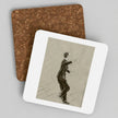 Two square coasters on a light gray background, one showing a brown cork-like textured surface and the other showing a white-bordered print with a sepia sketch of a man in a suit.