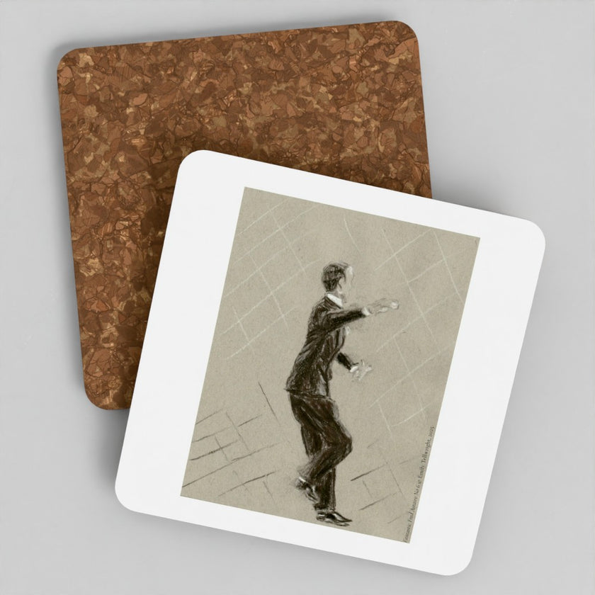 Two square coasters on a light gray background, one showing a brown cork-like textured surface and the other showing a white-bordered print with a sepia sketch of a man in a suit.