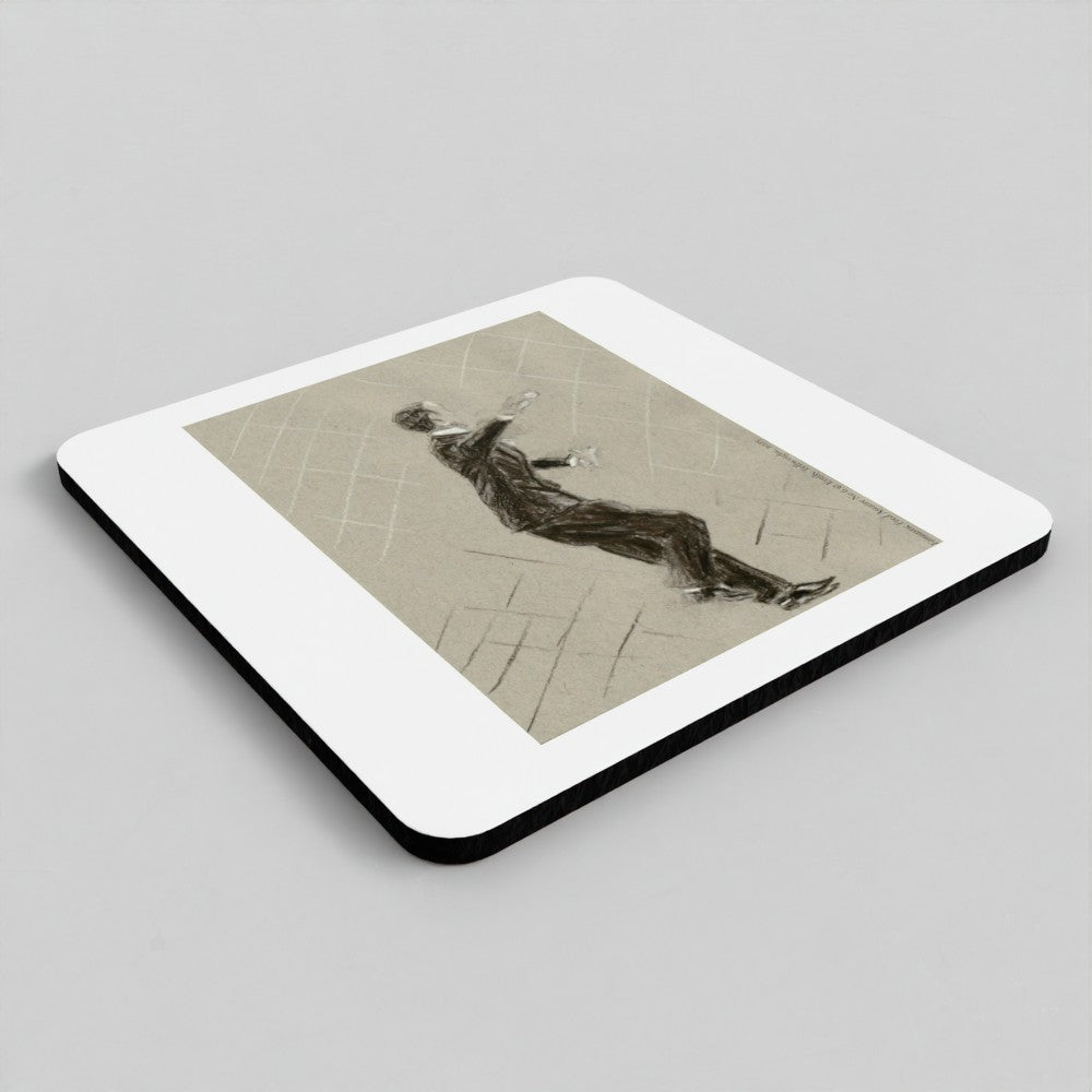 A square coaster with rounded corners, featuring a vintage-style sepia illustration of a reclining figure on a beige grid background, surrounded by a white border and black edge.