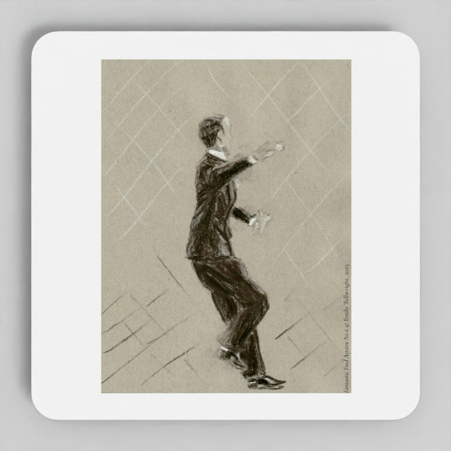 A square white coaster with rounded corners, featuring a sepia-toned sketch of a man in a suit on the top surface, photographed against a light gray background.