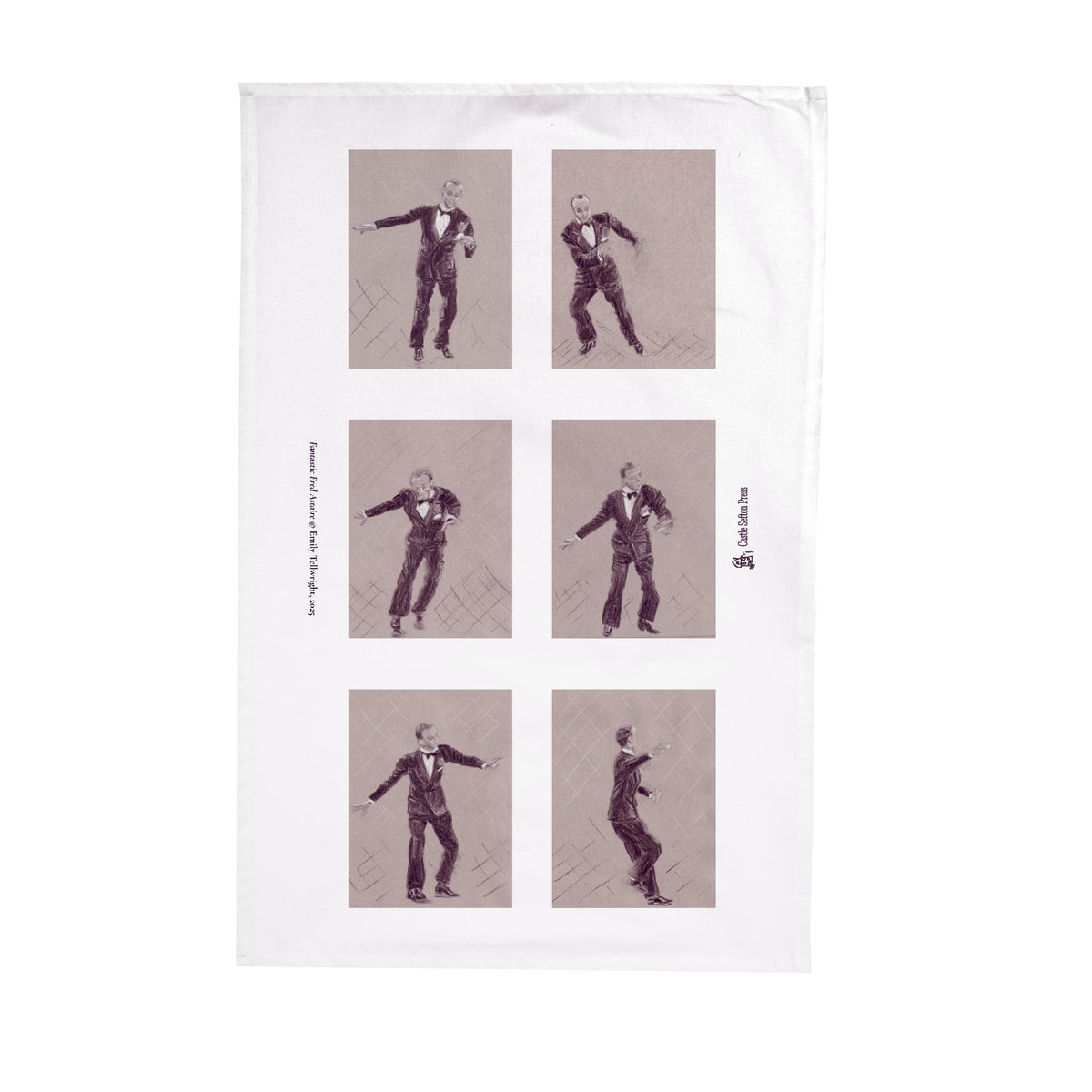 A white kitchen tea towel featuring a vintage-style print of a dancer in six sequential poses arranged in a grid, set against a plain white background.