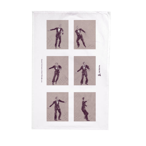 A white kitchen tea towel featuring a vintage-style print of a dancer in six sequential poses arranged in a grid, set against a plain white background.