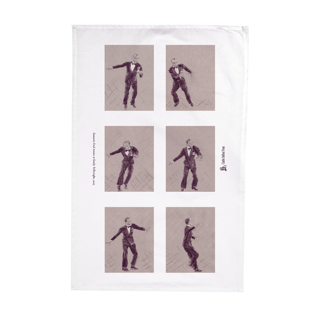 A white kitchen tea towel featuring a vintage-style print of a dancer in six sequential poses arranged in a grid, set against a plain white background.