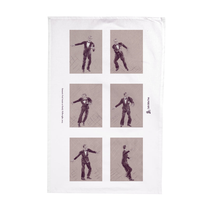 A white kitchen tea towel featuring a vintage-style print of a dancer in six sequential poses arranged in a grid, set against a plain white background.