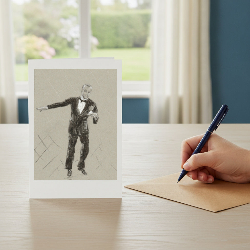 A greeting card with a drawing of fred astaire stands on a light wood table next to a hand holding a blue pen over a brown envelope. A blurred window and curtains are in the background.