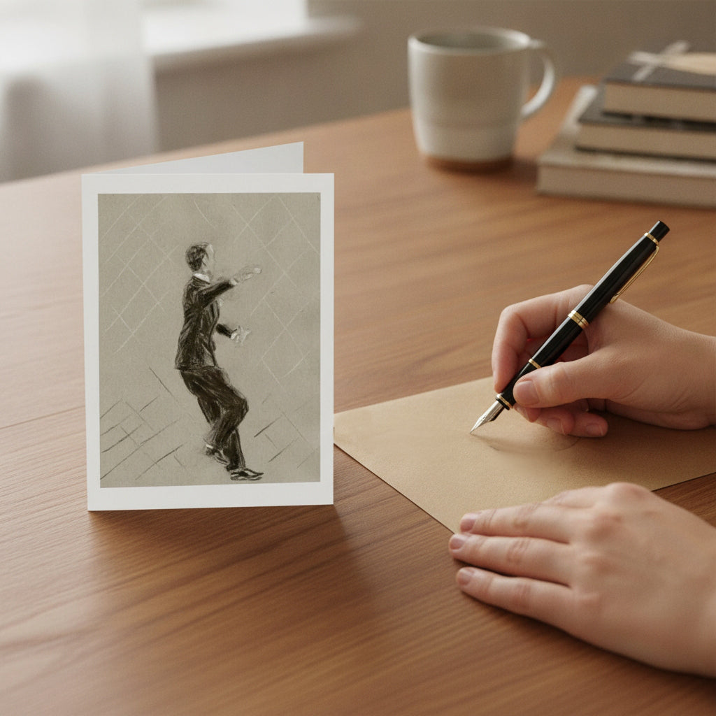 A greeting card on a wooden desk shows a monochrome sketch of Fred Astaire. A person's hands are visible at right, holding a black pen and writing on a brown envelope, with a mug and books blurred in the background.