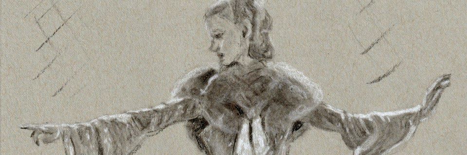 A monochrome pencil or charcoal sketch of ginger rogers with outstretched arms, rendered in greyscale on a textured beige background.