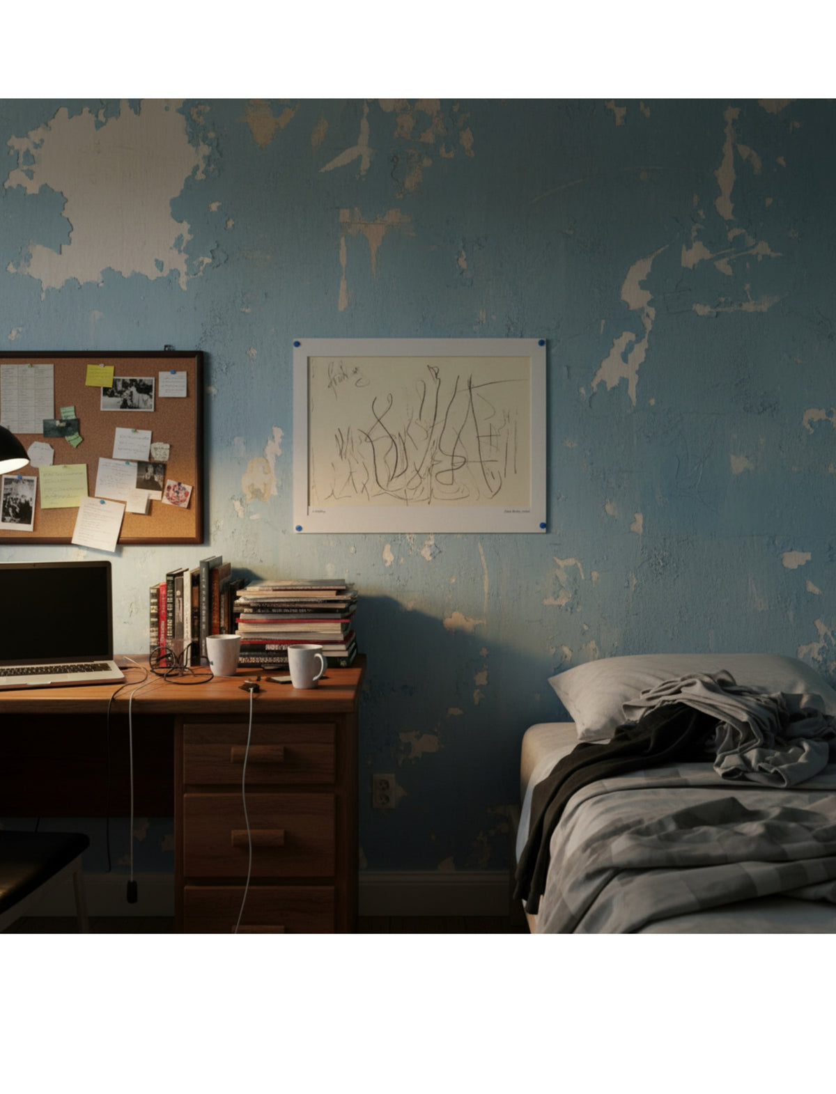 A mounted bedroom corner with a distressed blue wall, a wooden desk with a laptop, books, mugs, and a cork board, next to a bed with gray bedding. A framed abstract sketch hangs on the wall.