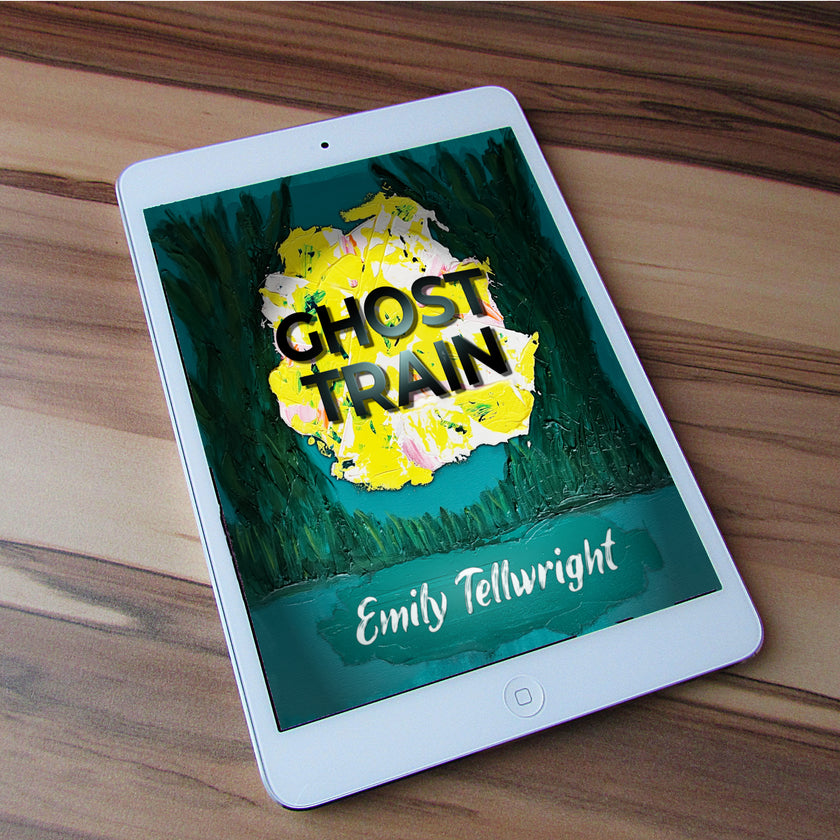 A tablet lying on a wooden surface, displaying a book cover for 