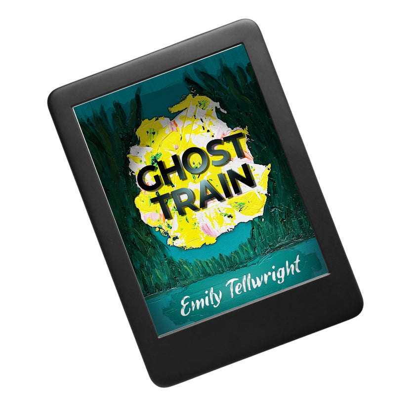 A black e-reader or tablet-style book display angled on a white background, showing the book cover for 'Ghost Train' ebook by Emily Tellwright.