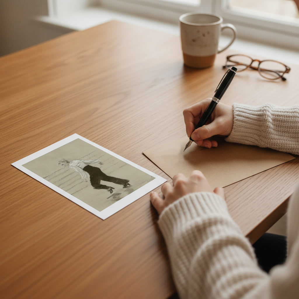 A person's hands, wearing a cream knit sweater, are shown writing on a brown paper envelope at a wooden table. On the table next to the person is a printed black-and-white greetings card showing Ginger Rogers