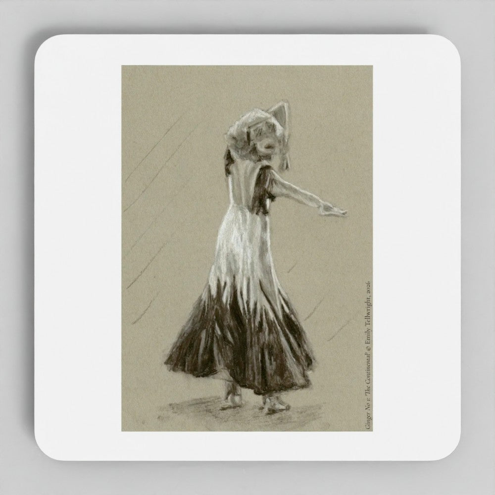 A square coaster with rounded corners featuring a sepia-toned sketch of a dancer in a flowing dress, centered on a light gray background.