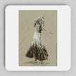 A square coaster with rounded corners featuring a sepia-toned sketch of a dancer in a flowing dress, centered on a light gray background.