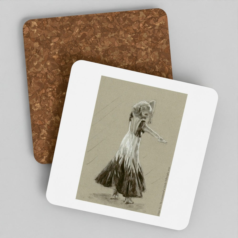 Two square coasters on a light gray background. One coaster shows a sepia-toned sketch of a dancing girl, while the other shows a brown cork-like textured design.