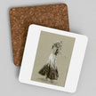 Two square coasters on a light gray background. One coaster shows a sepia-toned sketch of a dancing girl, while the other shows a brown cork-like textured design.