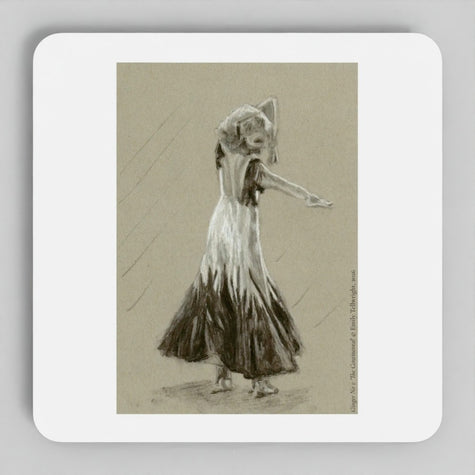 A square coaster with rounded corners featuring a sepia-toned sketch of a dancer in a flowing dress, centered on a light gray background.