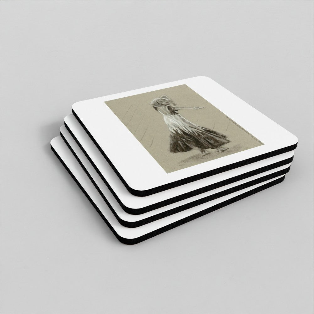 A stack of square coasters with rounded corners, featuring a sepia-toned vintage illustration of a woman in a flowing dress on the top coaster, shown on a light gray background.