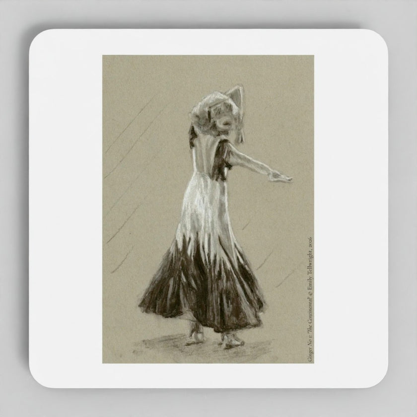 A square coaster with rounded corners featuring a sepia-toned sketch of a dancer in a flowing dress, centered on a light gray background.