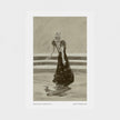 A monochrome art print featuring a sketch of a woman in a long dark dress, centered on a white page with small caption text at the bottom.