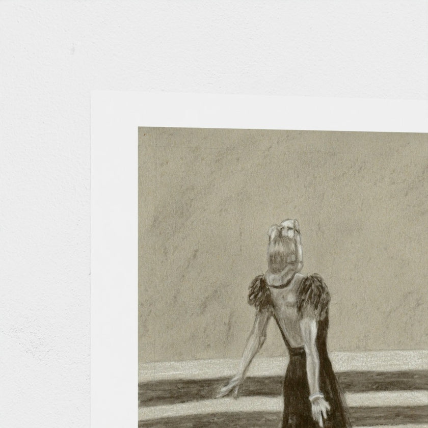 A square art print featuring a monochrome charcoal-style drawing of a figure in a dark dress, shown against a white border on a light textured background.