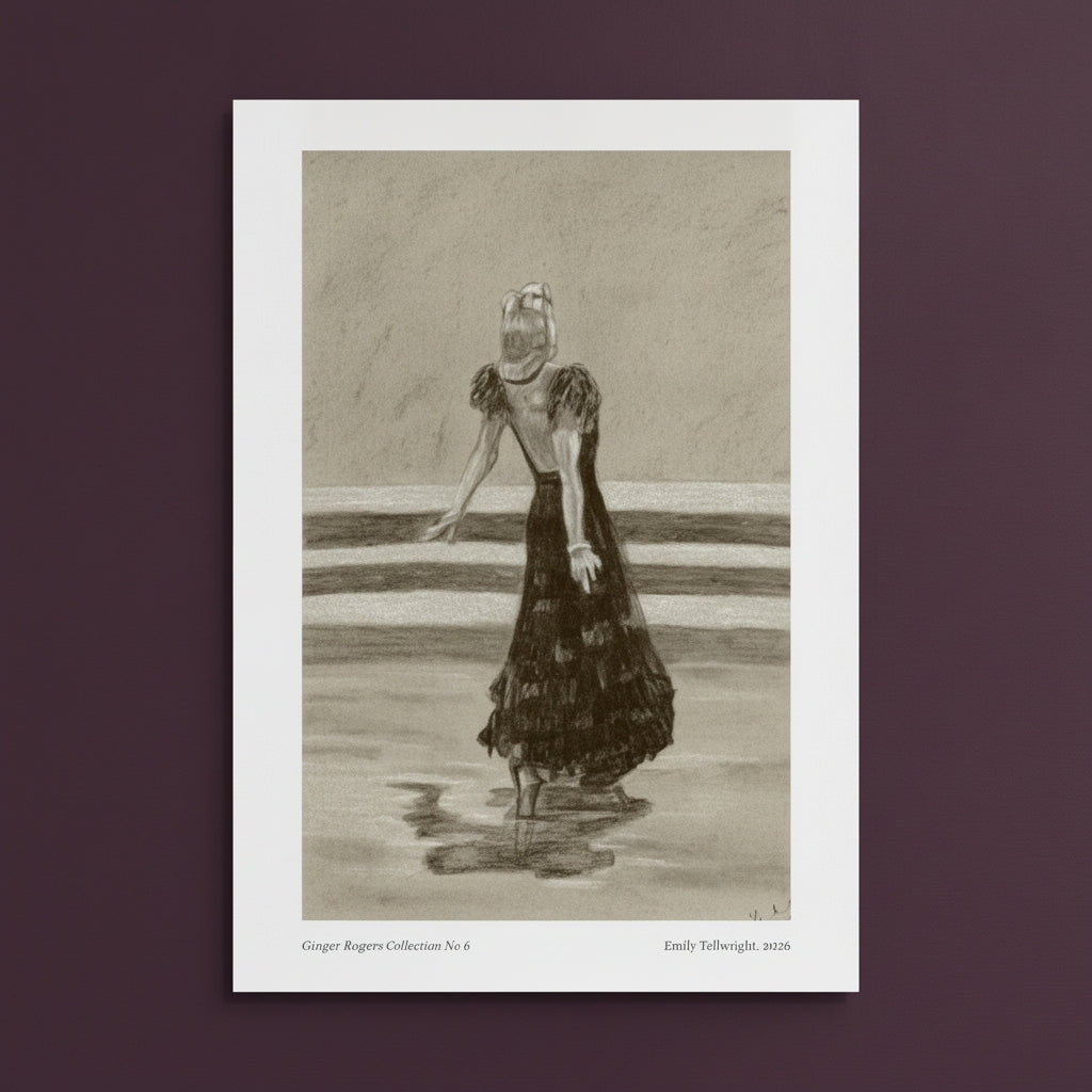 A framed monochrome art print featuring a sketch of a woman in a long dress, centered against a dark plum background.