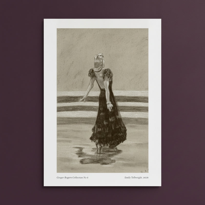 A framed monochrome art print featuring a sketch of a woman in a long dress, centered against a dark plum background.