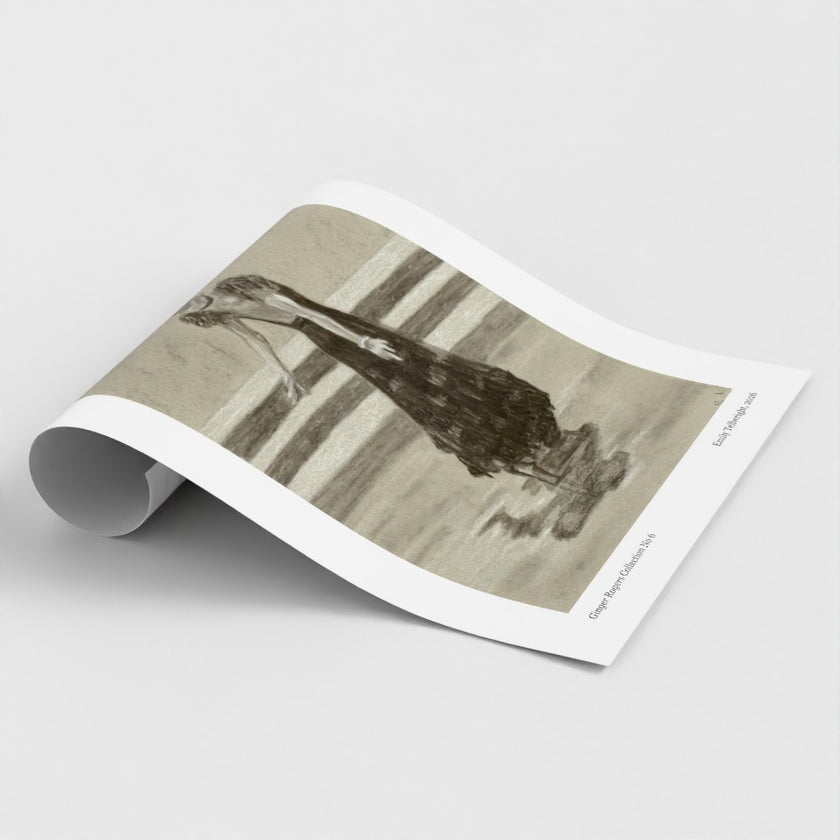 A rolled art print or poster shown on a light grey background, featuring a sepia-toned sketch of a woman in a dark dress The print has a white border and small printed text along the lower right edge.
