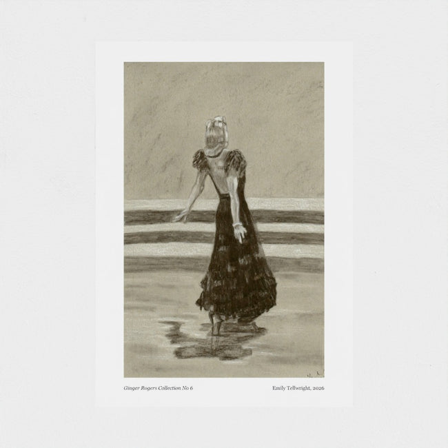 A monochrome art print featuring a sketch of a woman in a long dark dress, centered on a white page with small caption text at the bottom.
