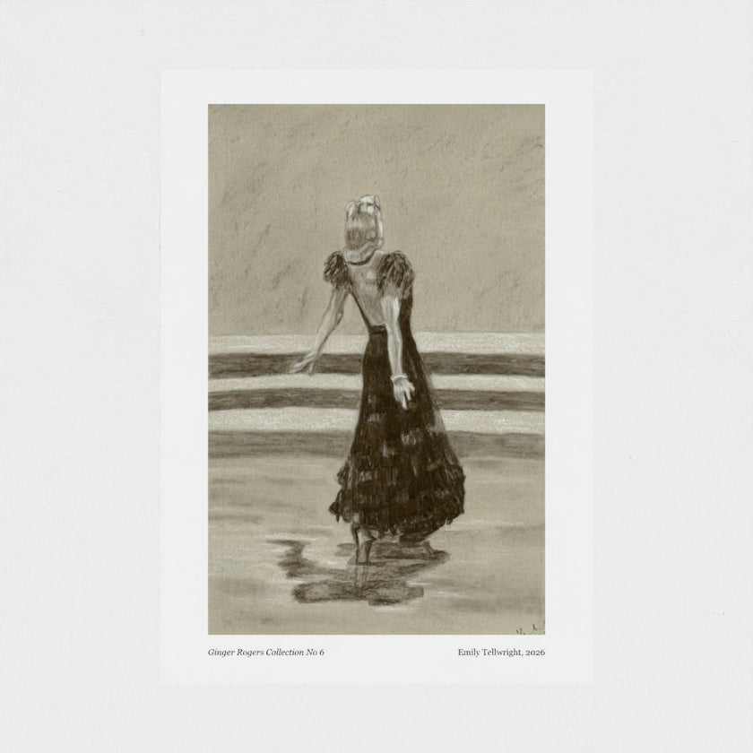 A monochrome art print featuring a sketch of a woman in a long dark dress, centered on a white page with small caption text at the bottom.