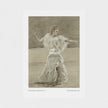 A monochrome art print featuring a sketch of a woman in a flowing dress, shown centered on a white background with small printed text below the artwork.