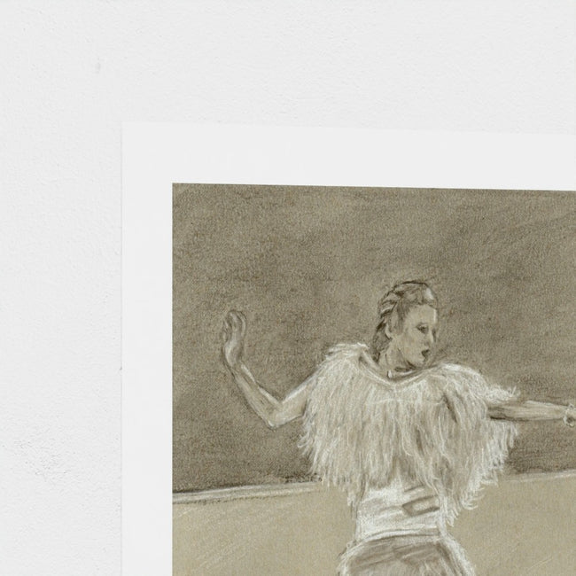A square art print featuring a sepia-toned sketch of a woman in a feathered dress, shown with a wide white border on a textured off-white background.