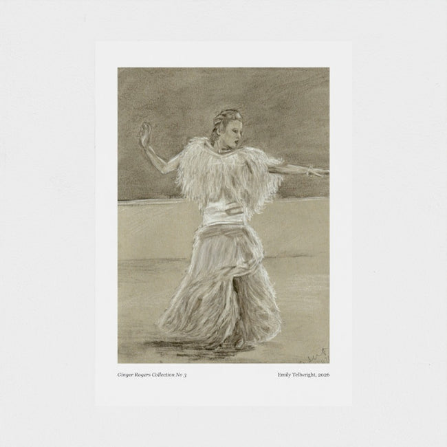 A monochrome art print featuring a sketch of a woman in a flowing dress, shown centered on a white background with small printed text below the artwork.